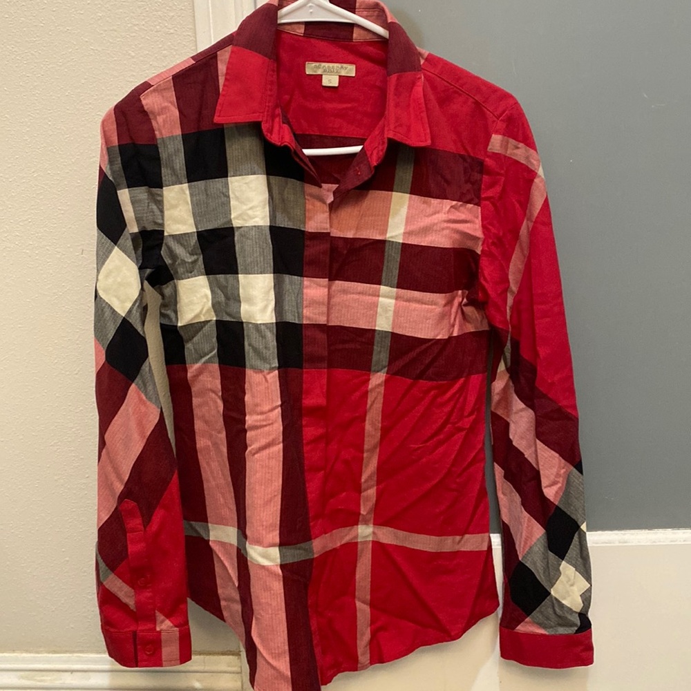 Burberry check button up shirt in red